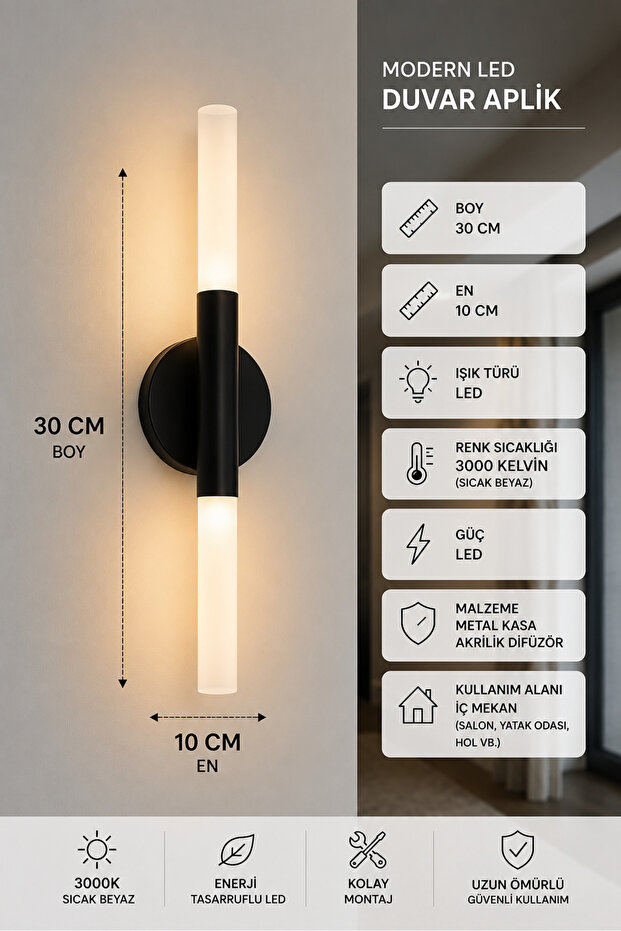Umut Modern Led Black Wired Wall Lamp