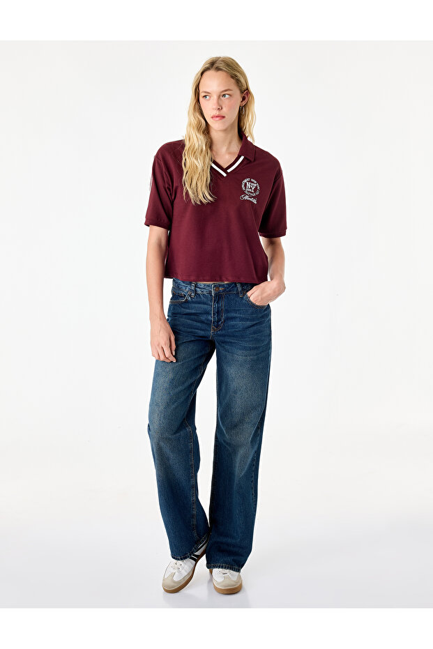 Cotton Embroidered Stripe Detailed Short Sleeve Polo Collar T-Shirt