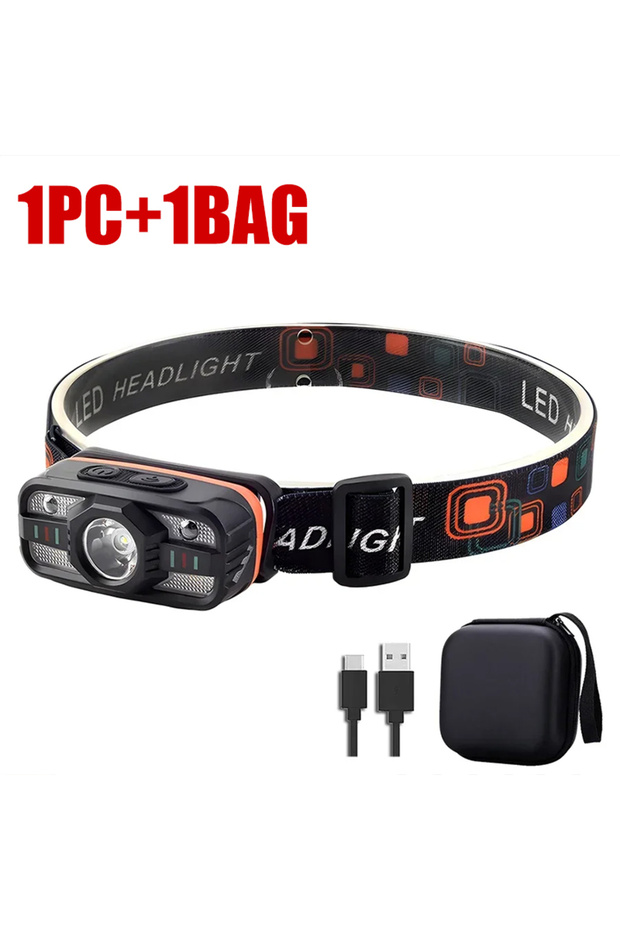 مصباح رأس LED قابل لإعادة الشحن عبر منفذ USB، مزود بـ 6 أوضاع إضاءة، وبطارية مدمجة، يأتي مع حقيبة.