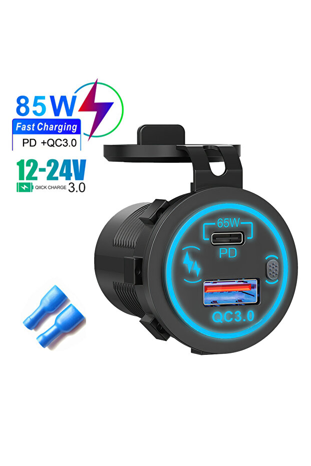 شاحن سيارة USB أزرق 85 وات PD من النوع C/QC 3.0 مع مفتاح ومقبس شحن سريع ومحول طاقة مقاوم للماء