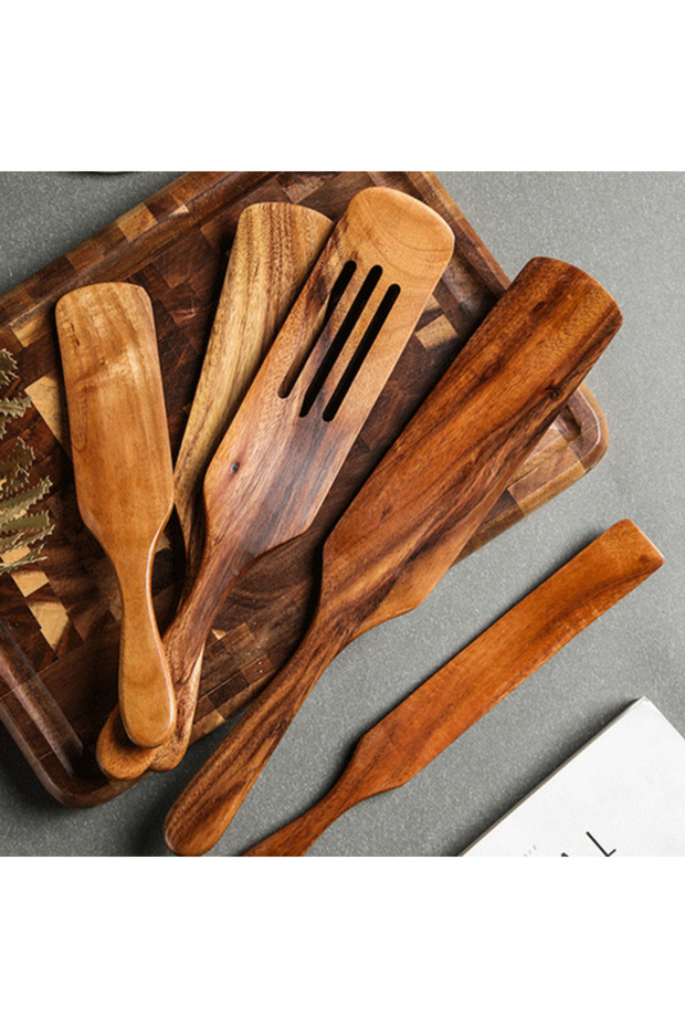 V5Z 1-10 PC Wooden Cooking Spoons Smooth Teak Wooden Cooking Utensils Non-Stick Wooden Cooking Utens