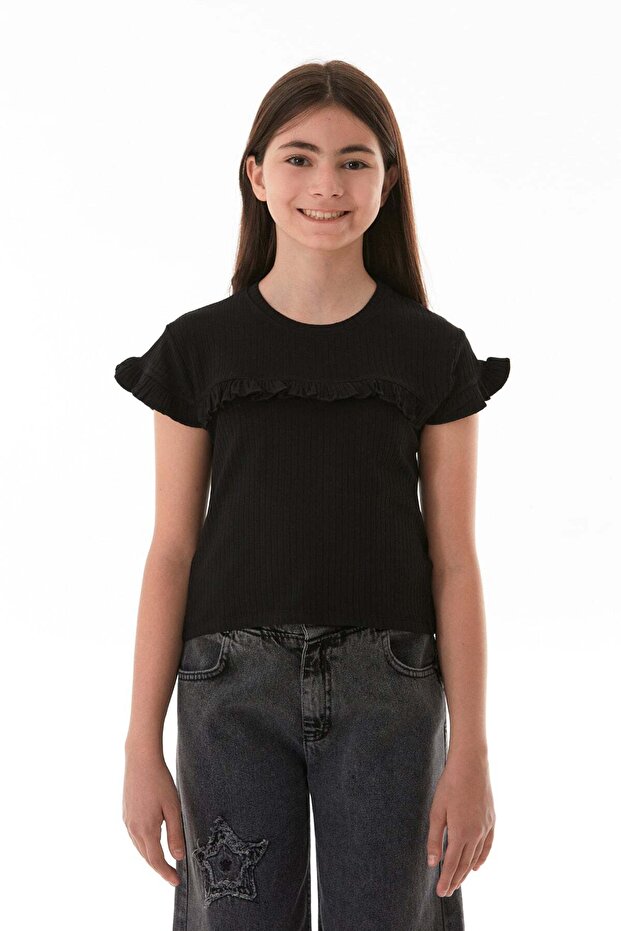 Ribbed Front Ruffled Lycra Girl's Bodysuit