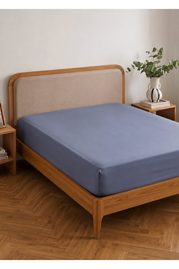 100% Cotton Satin Supreme Double Fitted Sheet Blue (160X200X35 cm)