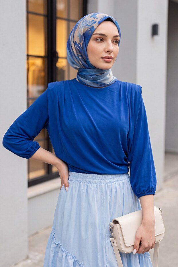 Sendy Blouse with Gathered Shoulders and Padding Inside -Cobalt Blue
