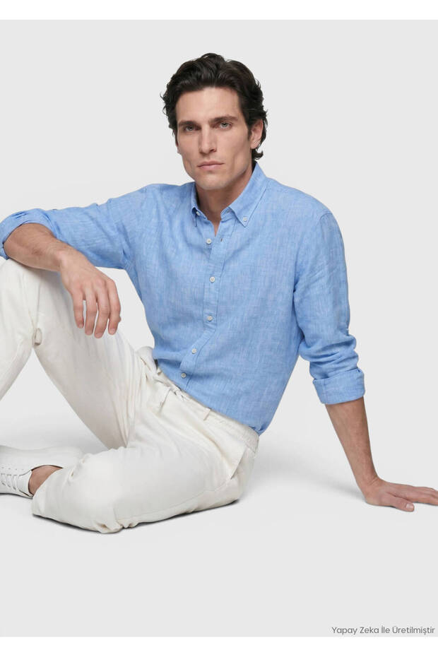 Blue Plain Casual Fit Long Woven Casual 100% Linen Shirt