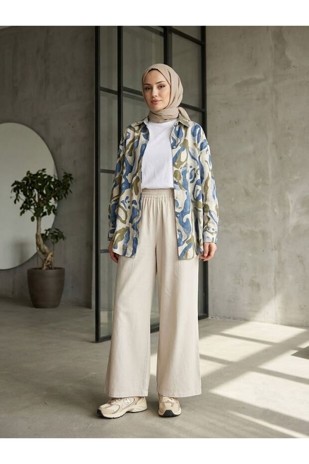 Women's Slim Denim Fabric Elastic Waist Wide Leg Comfortable Pants - Casual Hijab Combination-Stone