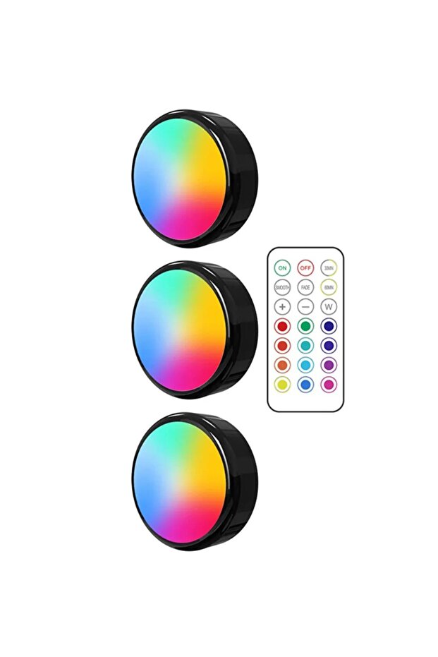 3 مصابيح LED RGB مع جهاز تحكم عن بعد، إضاءة ليلية قابلة للتعتيم، تعمل بالبطارية، مناسبة للتركيب تحت الخزائن.