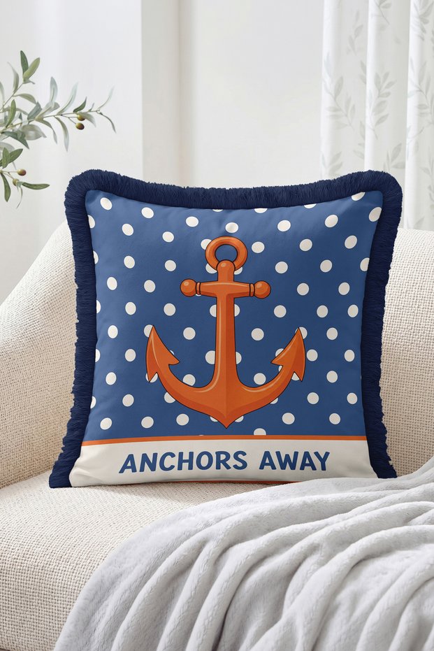 Anchors Away Written Anchor Figured Polka Dot Sailor Style Fringed Throw Pillow Cover Decorative Pillow Cover