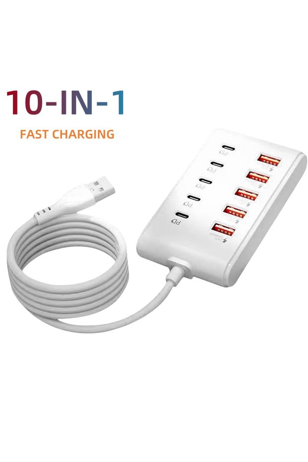 شاحن USB متعدد المنافذ 10 في 1 أبيض من النوع C بمقبس طاقة سريع الشحن لسطح المكتب ومحول شحن سريع