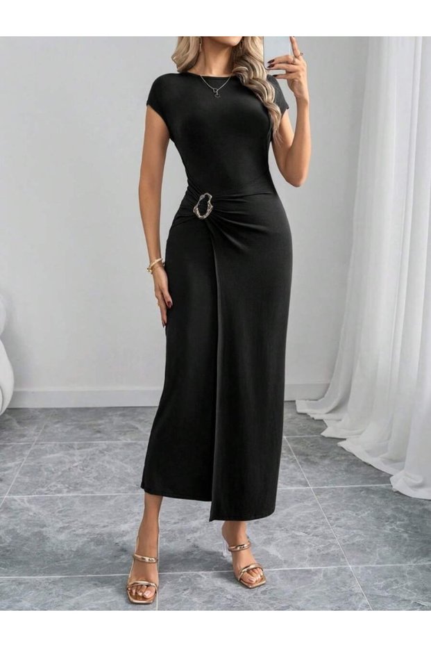 Women's Half Moon Sleeve Round Neck Front Buckle Detail Modal Maxi Dress