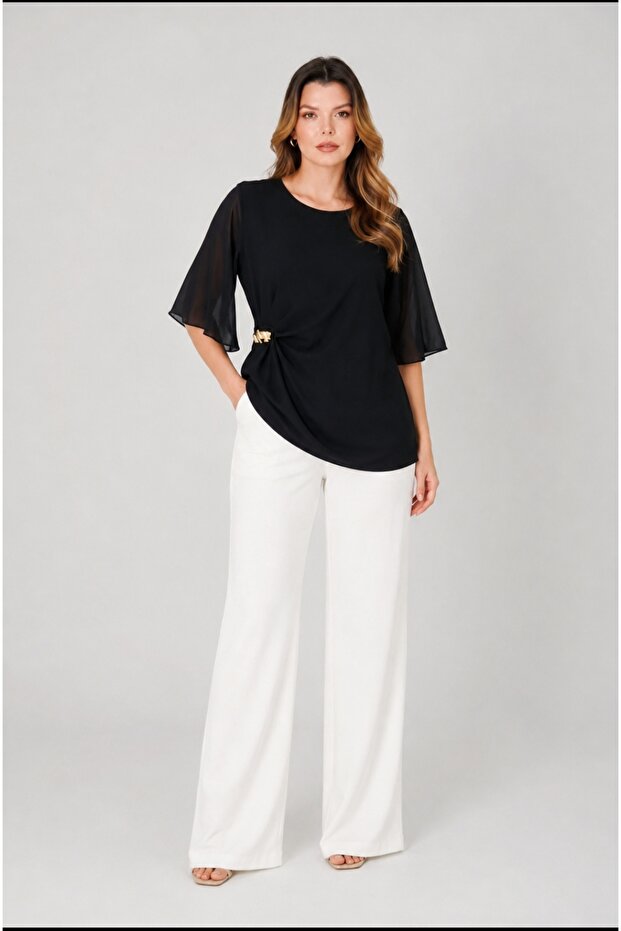 Plus Size Chiffon Sleeved Blouse with Buckle Detail