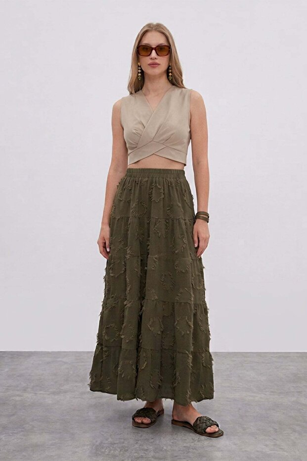 Tasseled Elastic Waist Maxi Skirt