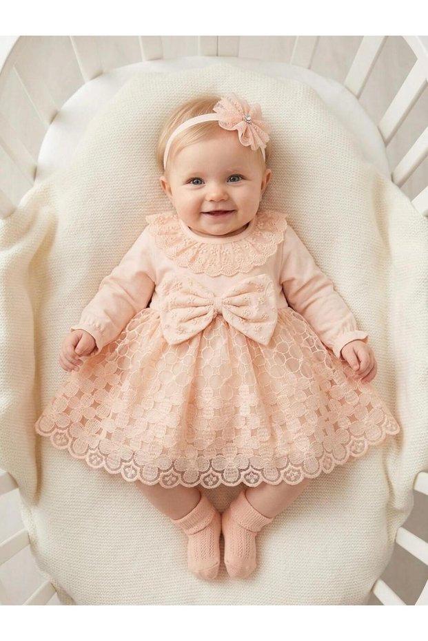 Baby Girl Mevlütlük Dress with Bandana and Lace, Newborn Hospital Release 100% Cotton Wedding Dress Evening Dress 4030