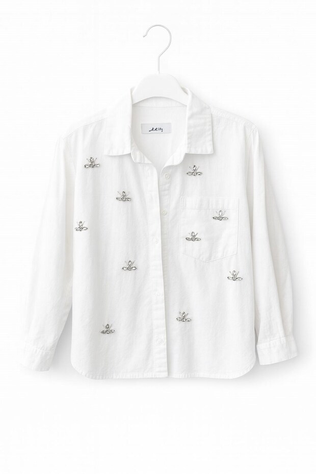 Escabel Girl's Basic Shirt with Stone Detail, Ages 4-9, White