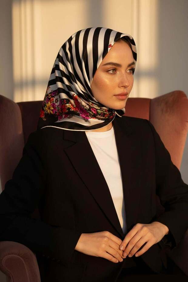 100% Twill Silk Crisp Floral and Stripe Patterned Black - Fuchsia Colored 90X90 Scarf Sewing Shape: Hand Sewn