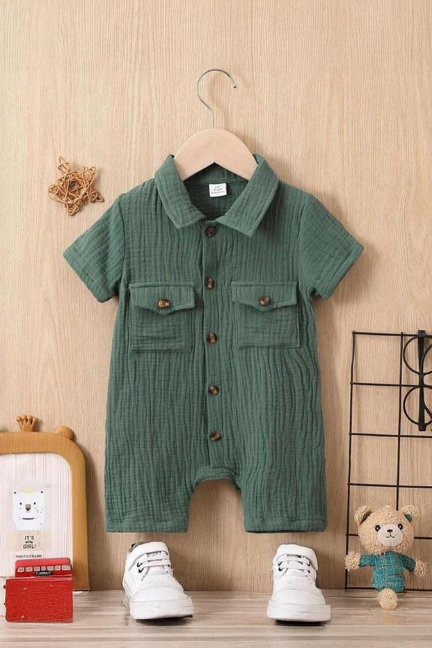 Unisex Baby 100% Cotton Muslin Jumpsuit with Wooden Buttons and Pockets - Green
