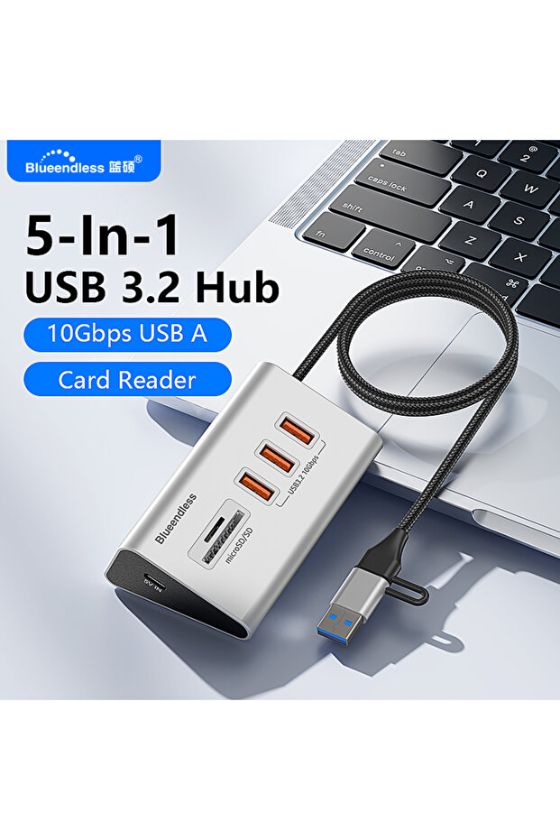 HU506 5 IN 1 Blueendless Aluminium USB3.2 Gen2 10Gbps 5 Ports HUB with TF SD Card Reader USB-A/USB C