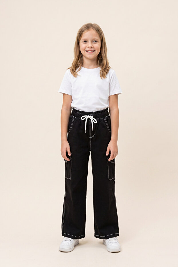 Pantaloni din denim pentru fete, cu buzunare cargo, cu șireturi elastice