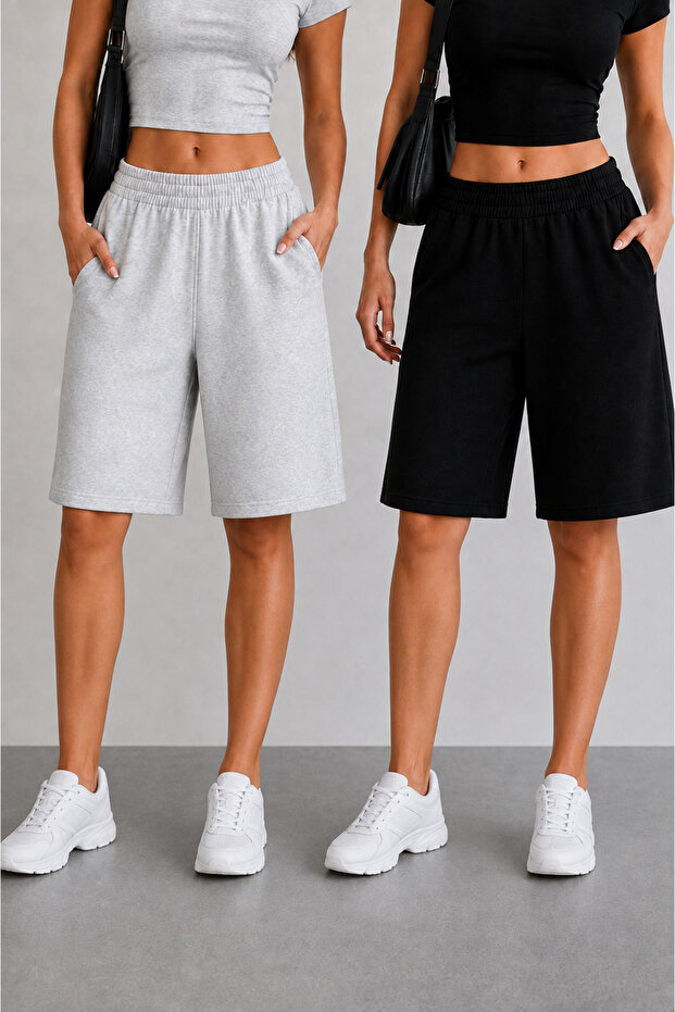 2 Pieces Black-Grey Oversize Fit Shorts Bermuda Comfortable Fit Anti-Sweat