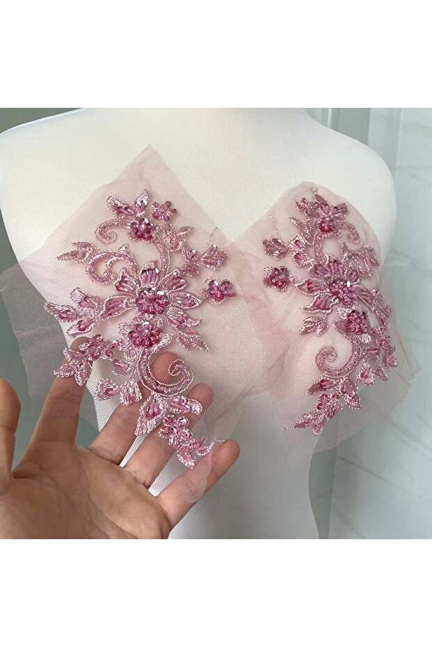 cameo brown 2PCS/Pair 3D Flower With Beaded Sequined Bodice Applique Sewing SuppliesLace Embroidery