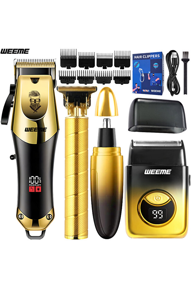 4PCS Set golden Wireless USB 4PCS Men's Hair Clipper Set & Nose Trimmer Rechargeable Lithium Batter