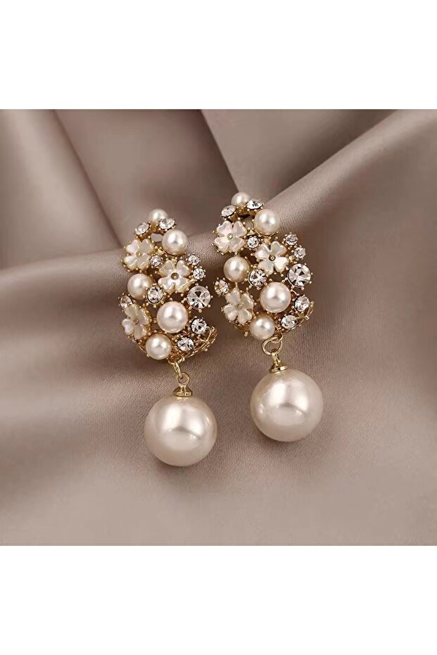 white New Arrival Pearl Vintage Geometric Simple Micro Inlaid Hollow Flower Women Dangle Earrings Fa