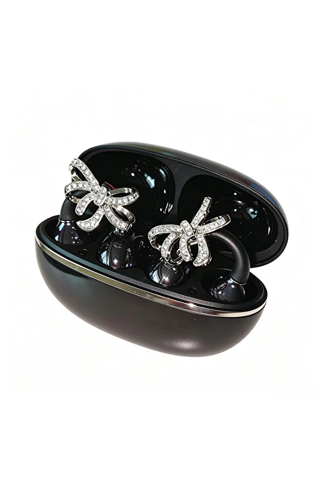 DM08hudiejie-Black Shiny Crystal Bowknot OWS Clip Earbuds TWS Wireless Bluetooth 5.4 Low Latency Spo