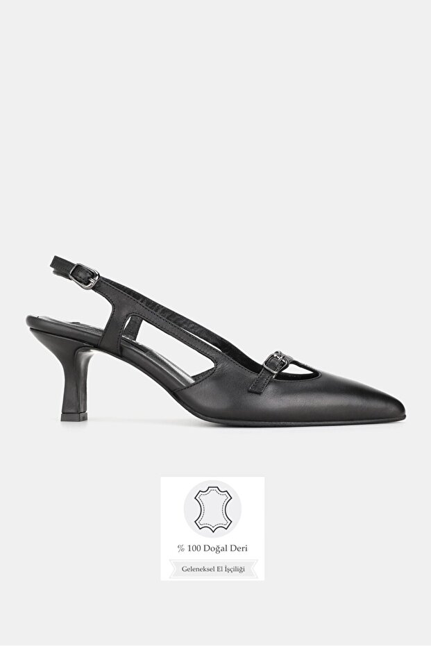 Women's Black Genuine Natural Leather Shoes with Open Back and Thin Heels, Size 35-41