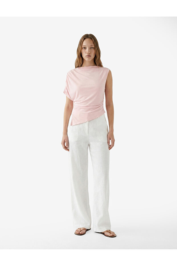 Drapeli Slim Fit Short Sleeve High Neck Asymmetrical Blouse