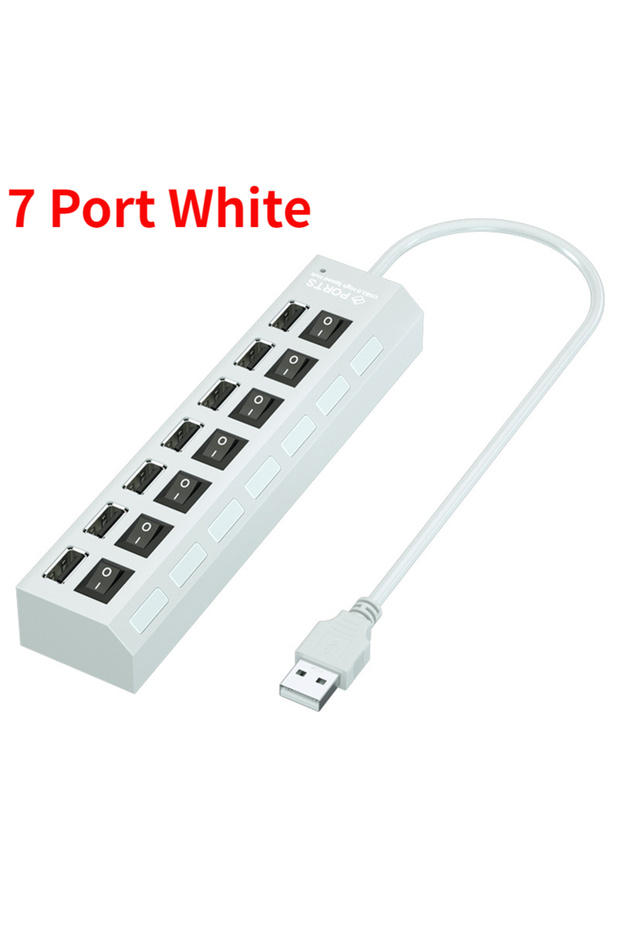 موزع USB 2.0 أبيض بـ 7 منافذ مع مفتاح تشغيل/إيقاف، موسع متعدد المنافذ 4/7 منافذ، موزع USB متعدد المنافذ 4 منافذ