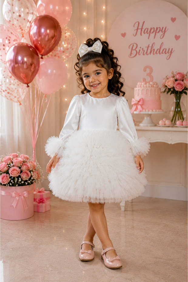 Girls Baby's Kids Dress Long Sleeve Tulle Tutu Special Occasion Party Birthday Princess Satin Evening Dress Clothes
