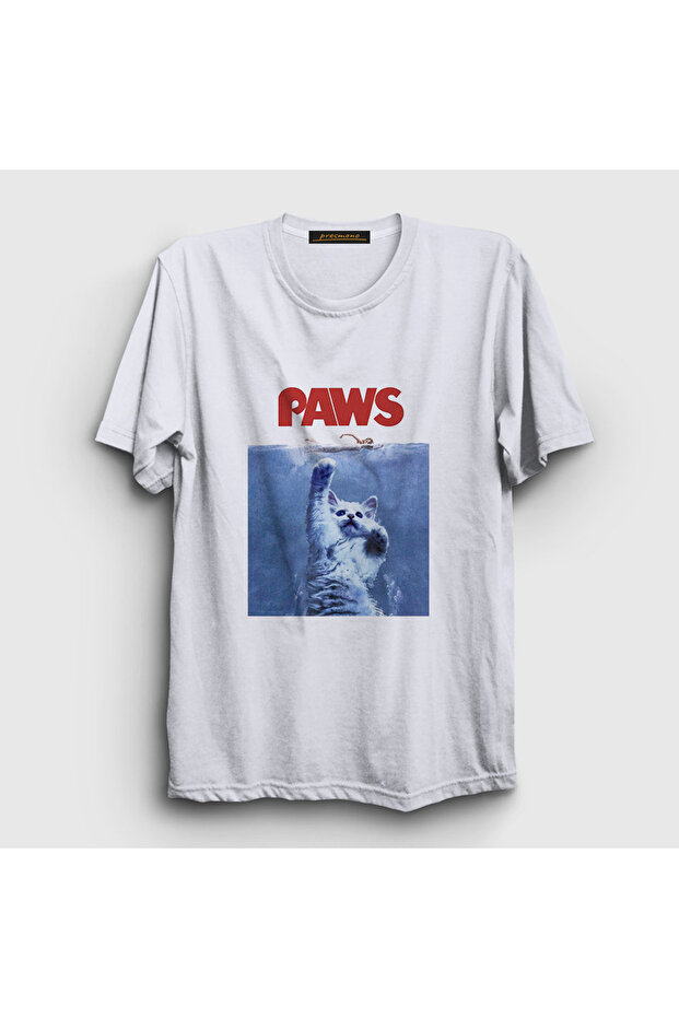 Unisex White Paws Jaws Movie Funny Cat with Cat T-Shirt 481380 Tt