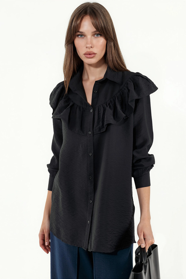 Women's Ruffle Detailed Shirt Tunic 1494 - Black