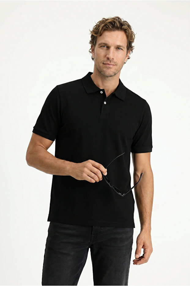 Polo Neck Regular Fit Embroidered Cotton T-Shirt