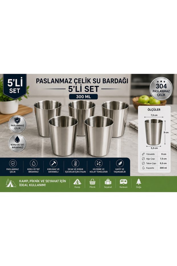 304 Stainless Steel Water Cup Set of 5 300 ml Unbreakable Metal Cup Camping Picnic Home Use