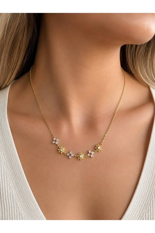 Gold Color Pink Stone Flower Patterned Zircon Women's Necklace