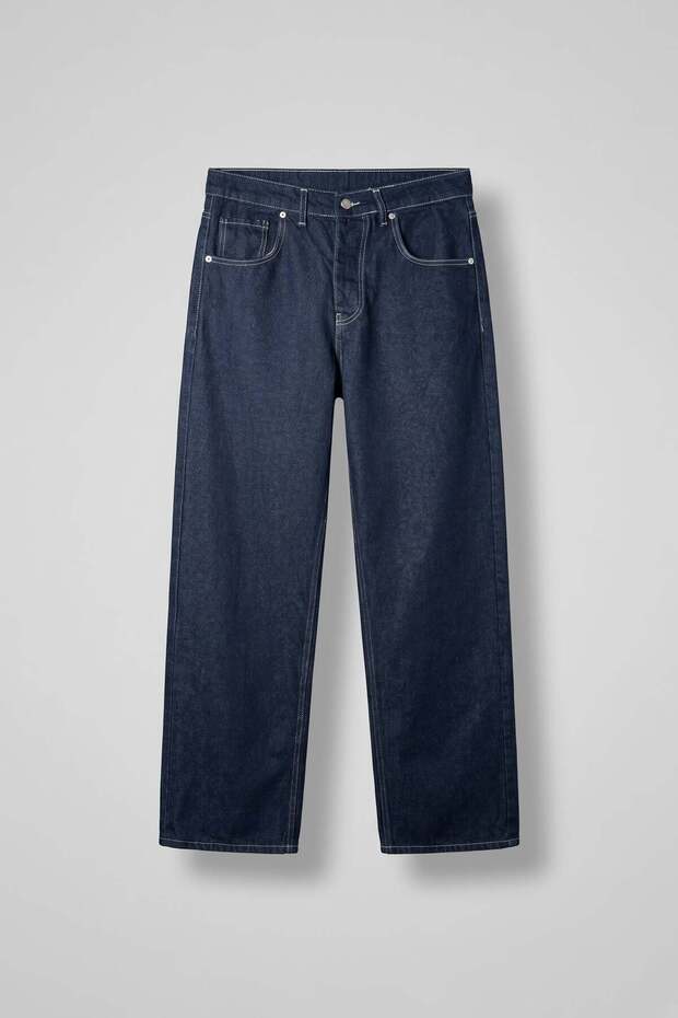 Men's Baggy Fit Contrast Stitched Jean Trousers Navy Blue