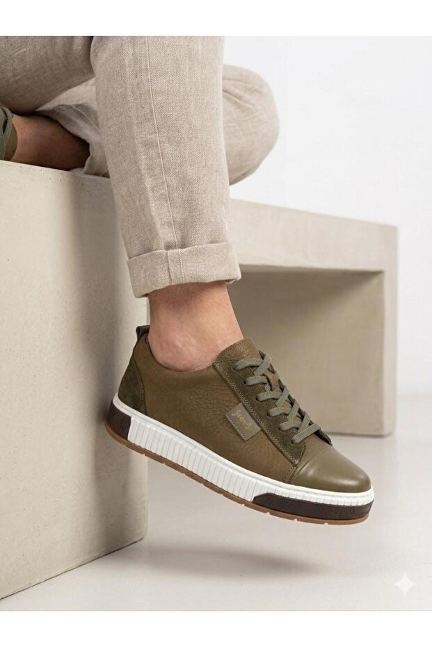 Men's khaki orthopedic insole genuine leather sneaker shoes
