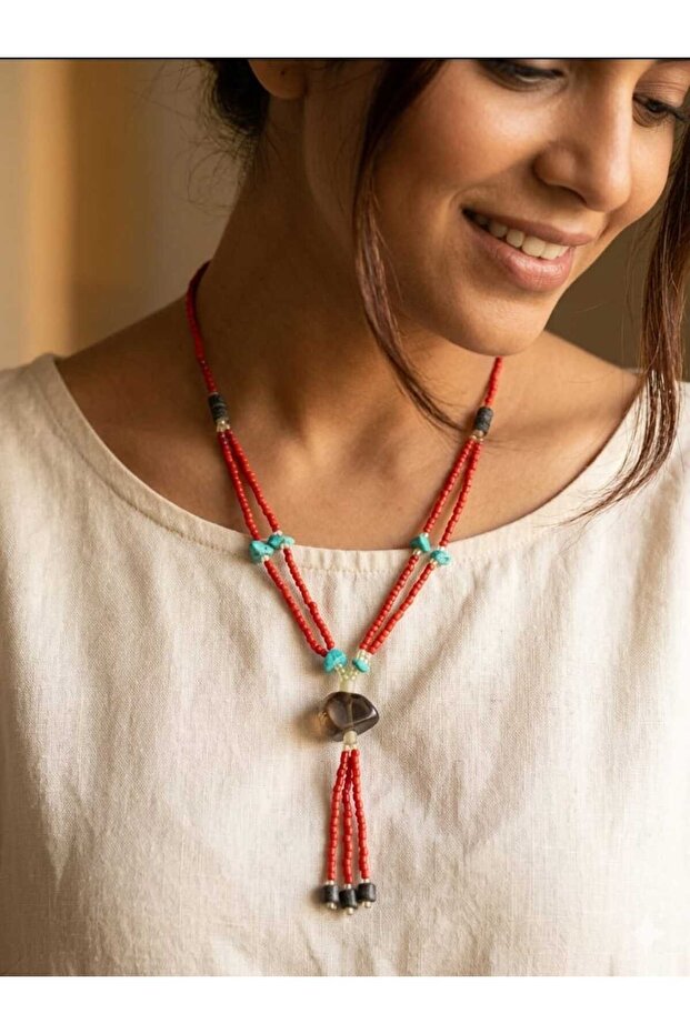 Turquoise, Bloodstone, and Red Beaded Indian Inspired Necklace