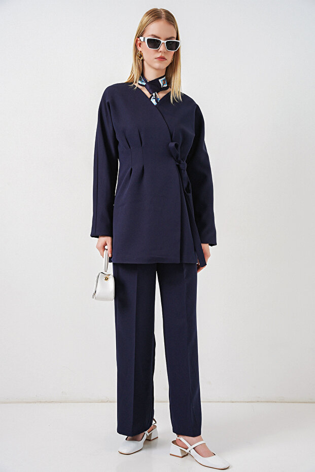 Women's Side-Tie Jacket and Trousers Two-Piece Set 30099 - Navy Blue