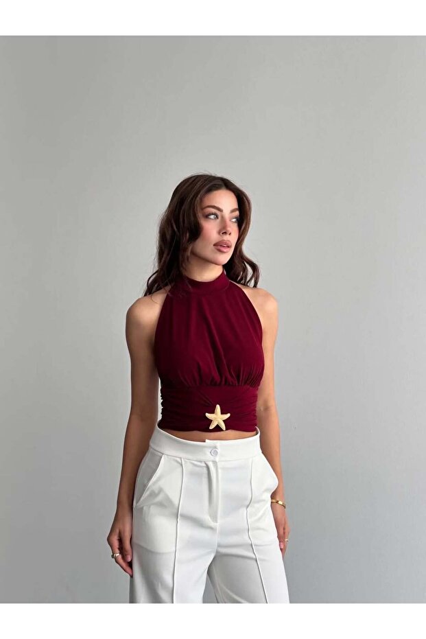 Women's Halter Neck Backless Crop Bustier Blouse with Star Accessories