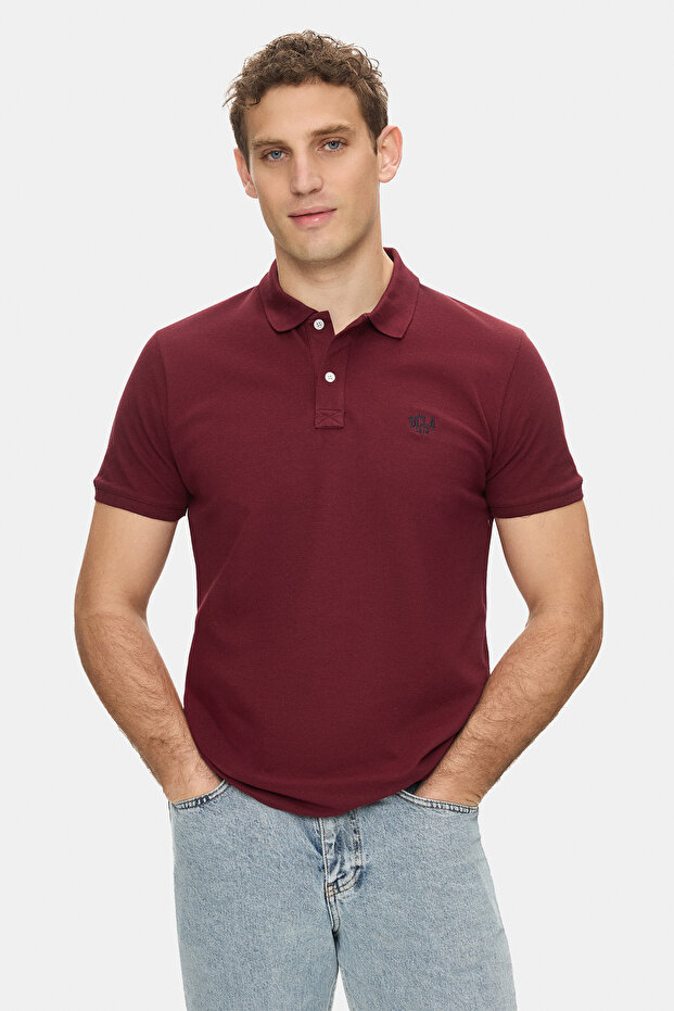 Lakes Claret Red Polo Collar Embroidered 100% Cotton Standard Fit Men's Tshirt