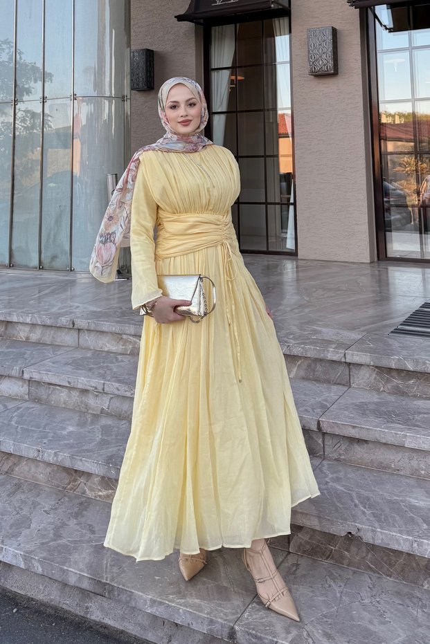 Women's Pleated Waist Belted Tulle Detail Dress Yellow