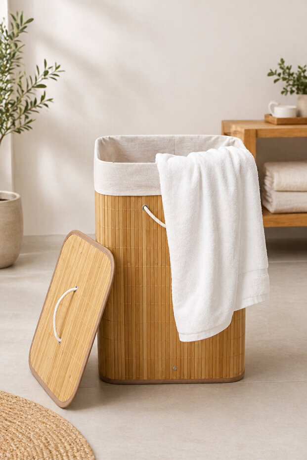 BEST CONCEPT Dikdörtgen Doğal Bambu Çamaşır Sepeti Katlanabilir 40x30x60
