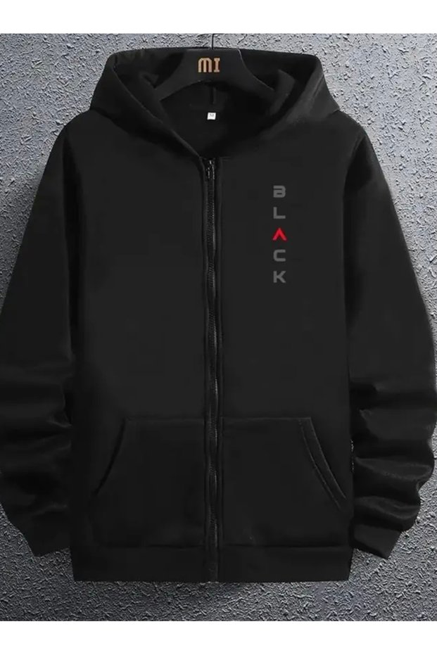 Black Printed 2-Strand Fleece Sweatshirt with Hood for Boys and Girls with Zipper