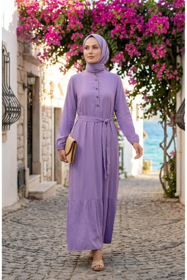 Hakim Collar Belted Viscose Dress 4077-04 Lilac