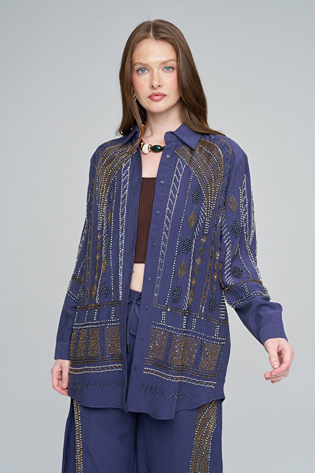 Women's Special Design Bead Embroidered Oversize Shirt