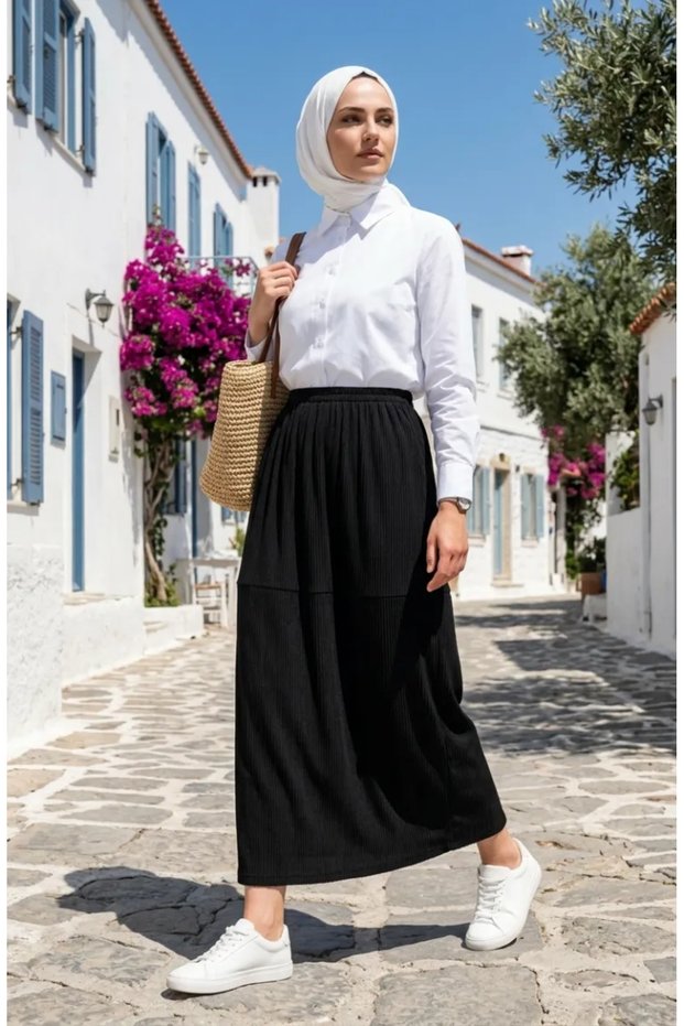 Bürümcük Fabric Elastic Waist Skirt 2257-01 Black