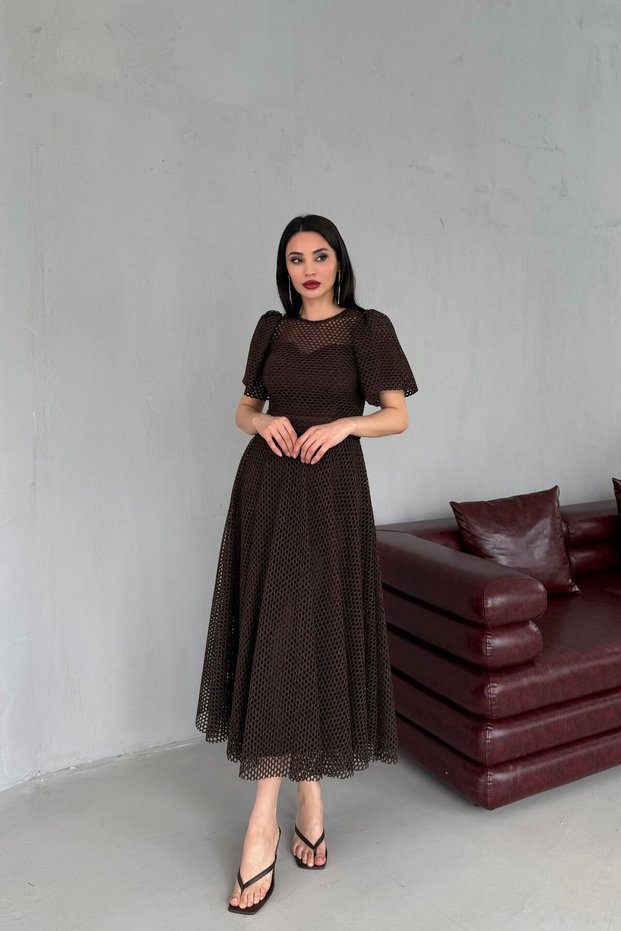 Brown Balloon Sleeve Belted Mesh Fabric Midi Evening Dress
