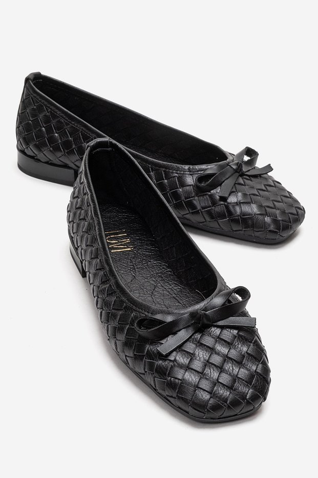 Garen Black Knitted Genuine Leather Bowknot Women's Ballerina Shoes